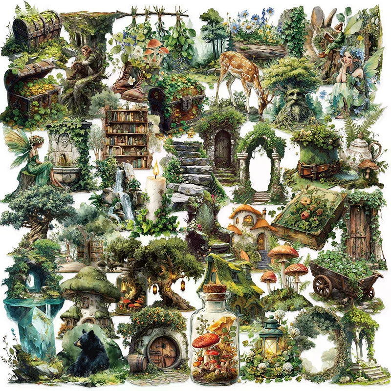 autocollants décoratifs forêt animaux motifs floraux illustratifs adhésifs vert beige naturelle fantaisie DIY objets