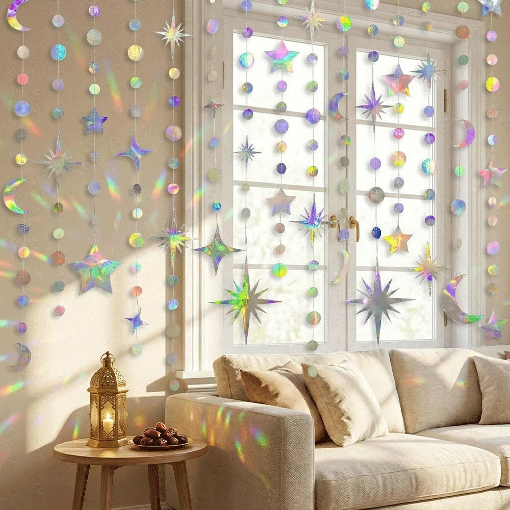 guirlande décorative festif étoiles lunes cercles iridescent mariage anniversaire eid mubarak holographique brillant