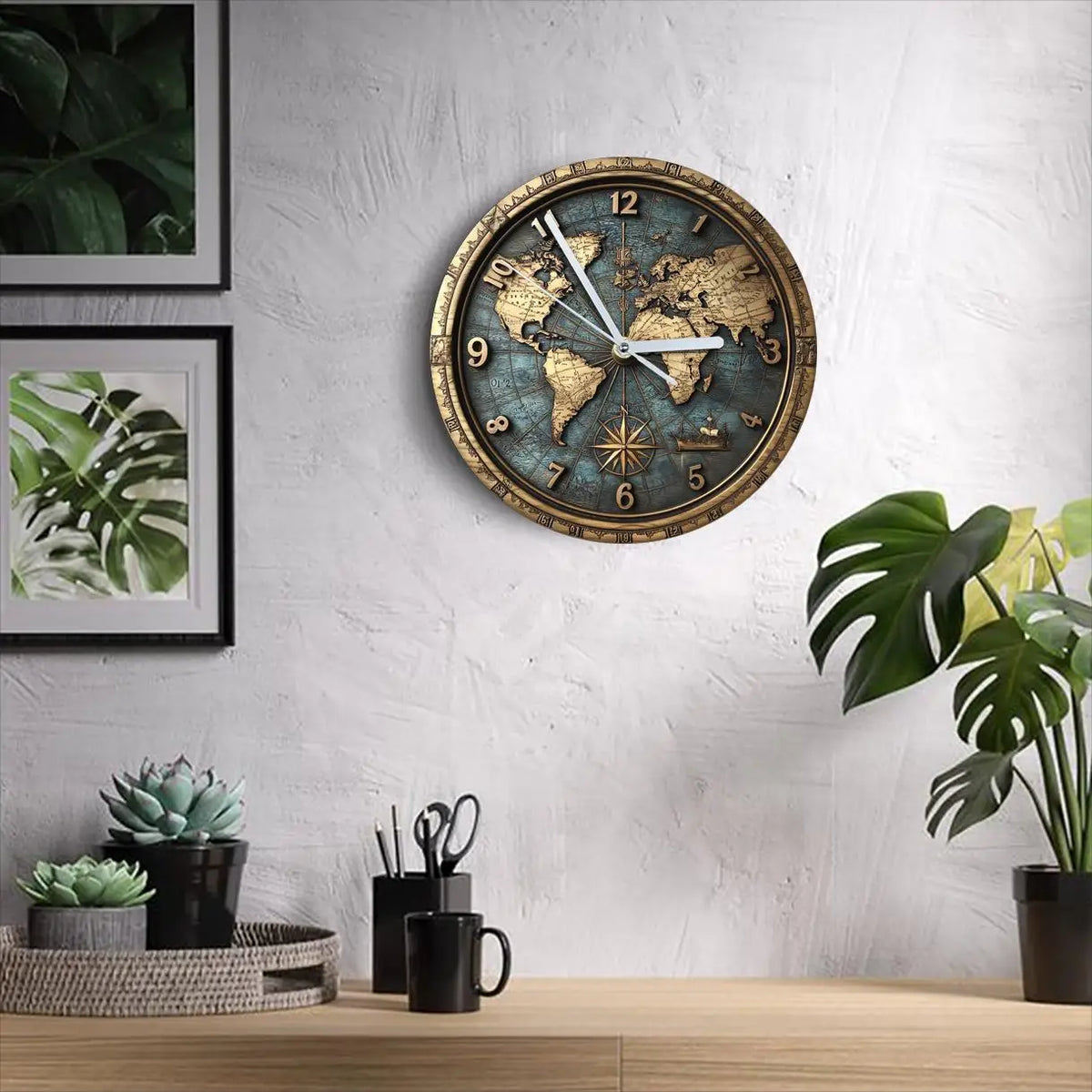 horloge murale vintage carte monde boussole bleu doré aiguille silencieuse salle manger