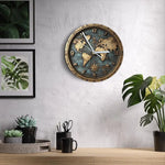 horloge murale vintage carte monde boussole bleu doré aiguille silencieuse salle manger