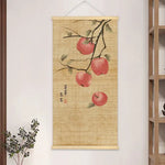 peinture suspendue chinois bambou fleurs insectes textes beige noir rouge vert