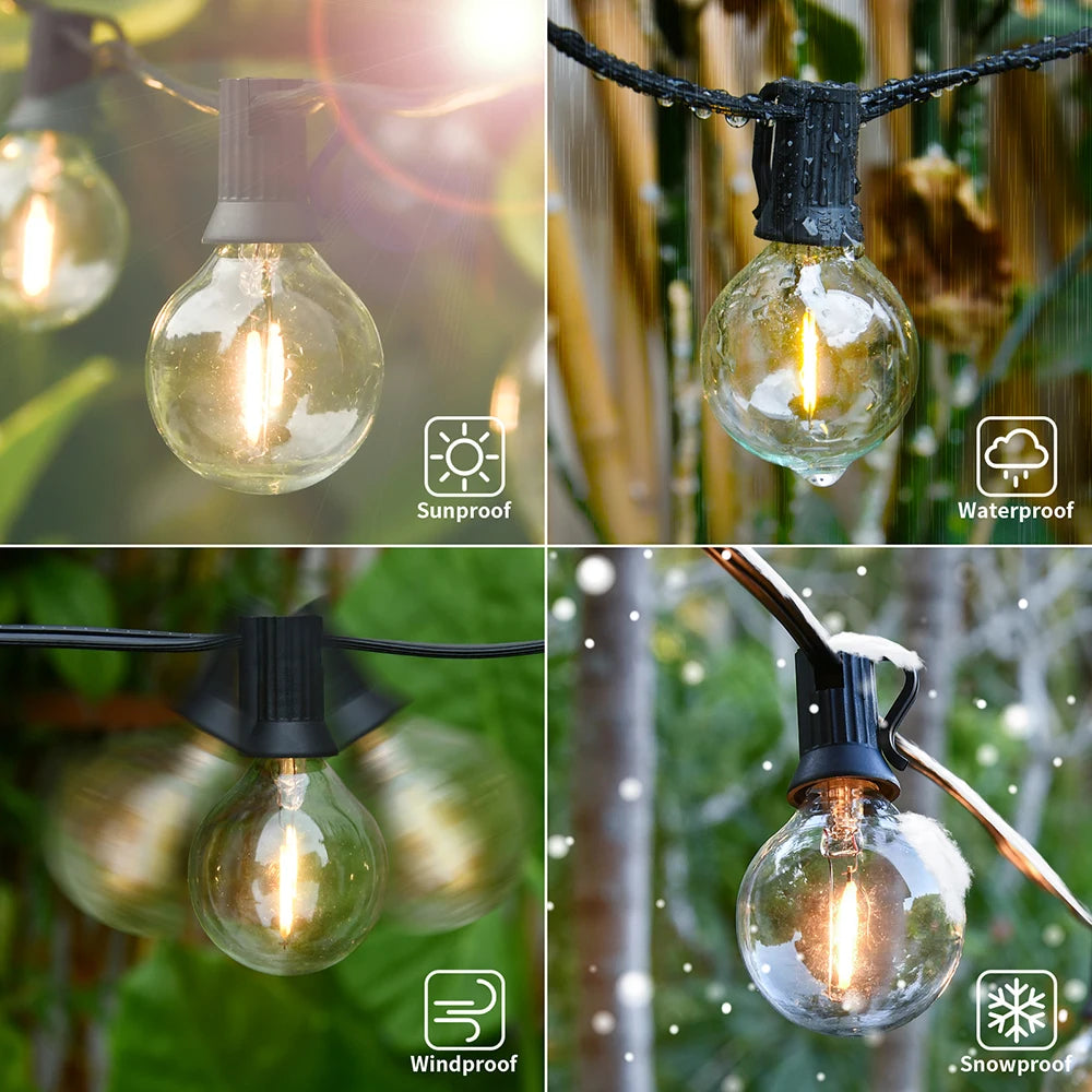 Guirlande lumineuse LED G40 verte suspendue dans un arbre pour ambiance naturelle