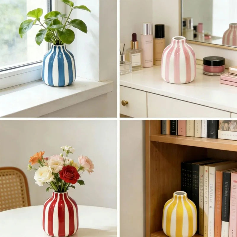 vase porcelaine rayures horizontales bleu blanc rose jaune rouge moderne minimalisteintérieur décoration fleurs