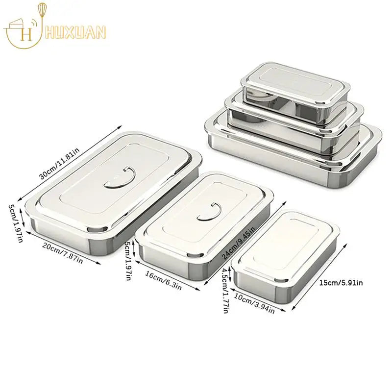 boîtes repas argentées lisses modernes poignées métalliques conteneurs stérilisation médicale taille 30x20cm 16x10cm 15x7.5cm