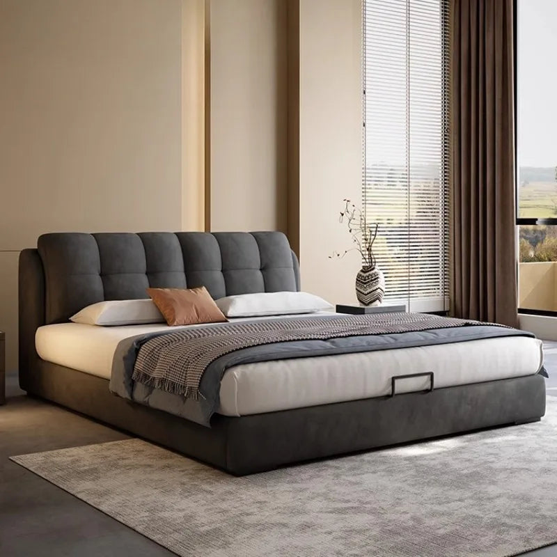 lit moderne gris velours tête matelas coussins tapis tringles chambre accessoires bois
