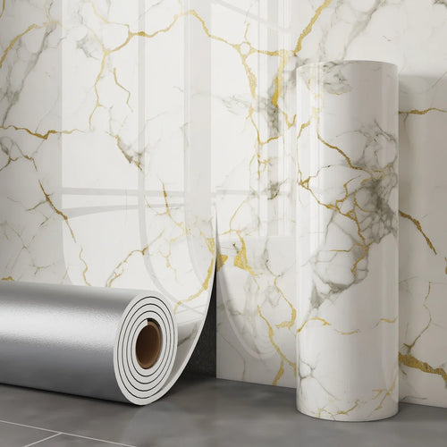 papier peint adhésif marbré blanc gris moderne mur salle bain carrelage sol
