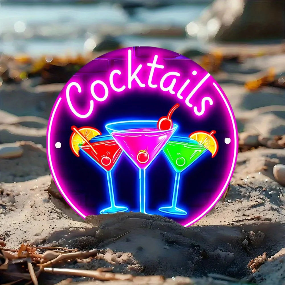 panneau bois enseigne lumineuse cocktails cerises citrons occasionnel rose bleu vert noir okolets