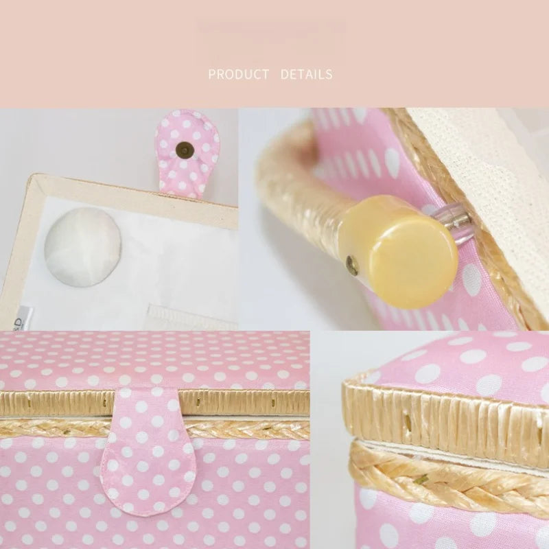boîte couture rose clair rangement couture tissu imprimé poignée bois sac aiguilles européen doré