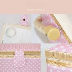 boîte couture rose clair rangement couture tissu imprimé poignée bois sac aiguilles européen doré