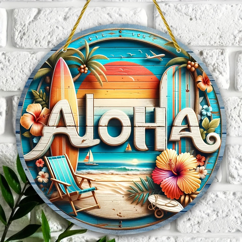 décoration murale hawaïenne plage palmiers surfboards lettres aloha bois bleu blanc orange verte rouge