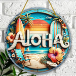 décoration murale hawaïenne plage palmiers surfboards lettres aloha bois bleu blanc orange verte rouge