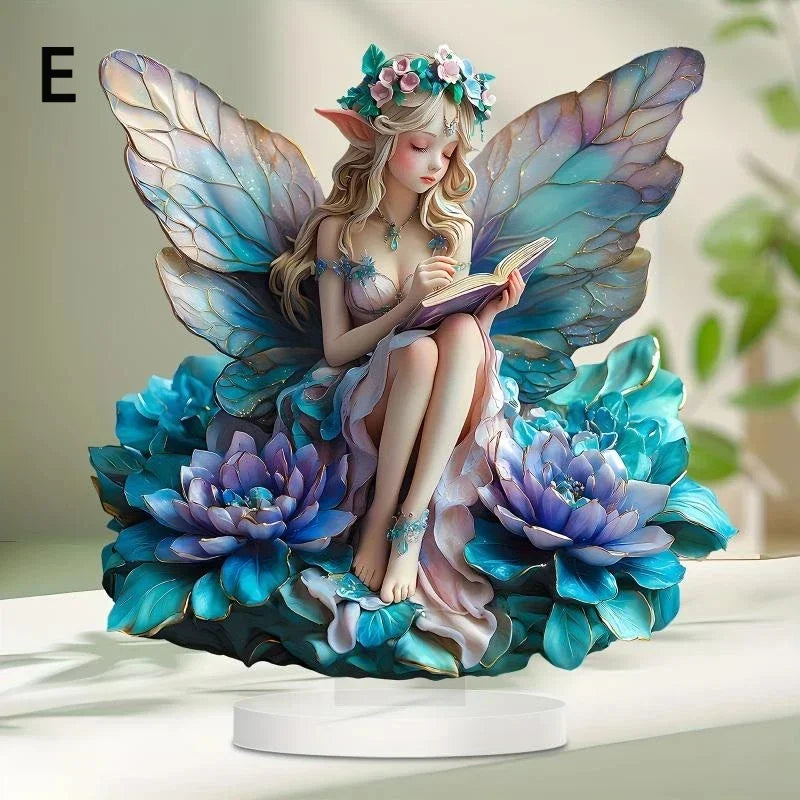 statue décorative fée papillon bleu blanc doré plumes vêtements brodés motifs floraux fantaisie base