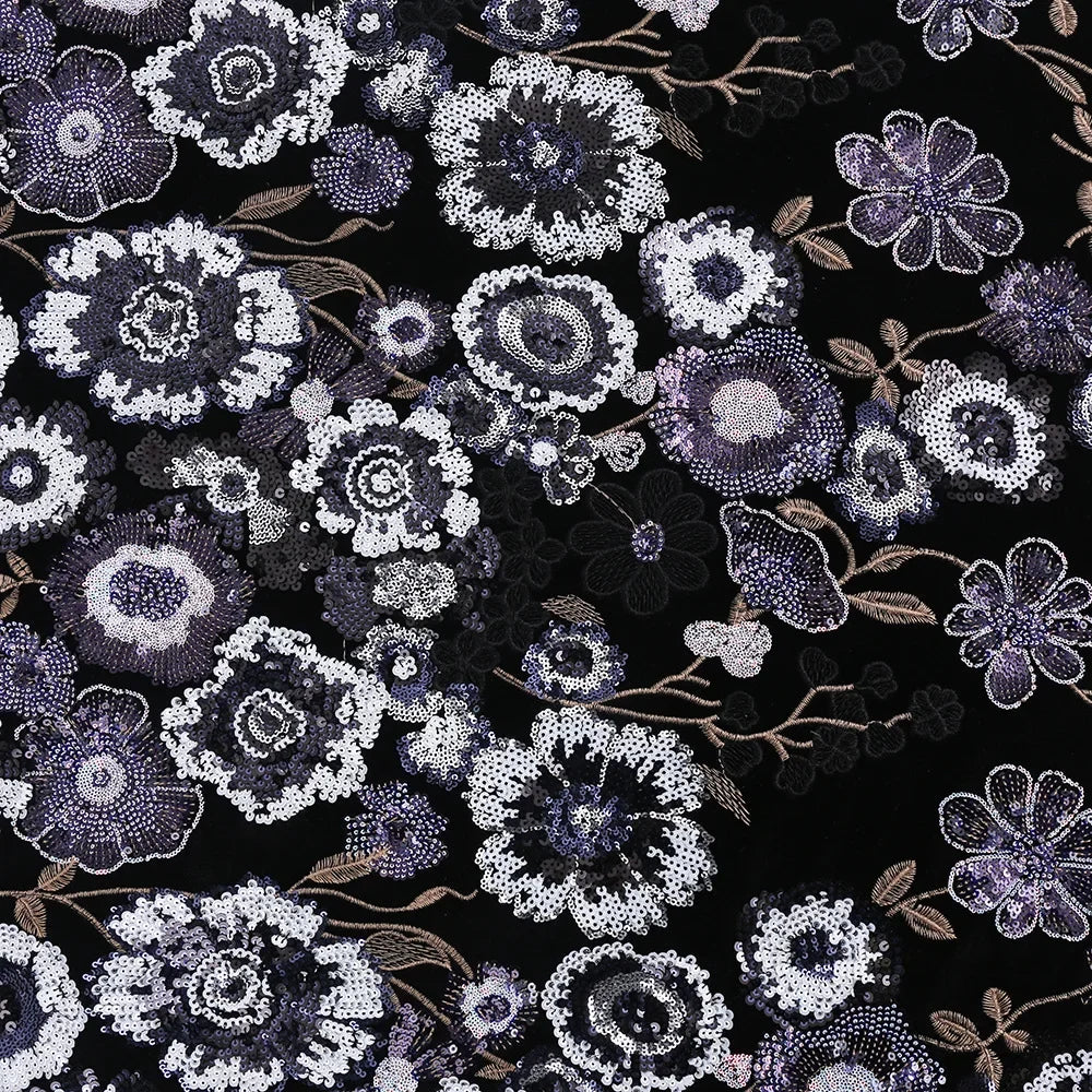 tissu brodé fleurs sequins polyester noir violet rouge vert bleu or opaquet