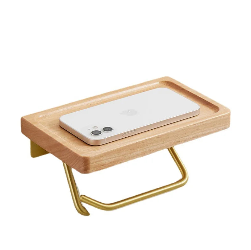 support mural papier toilette tablette bois naturel moderne minimaliste clips dorés papier toilette tableta