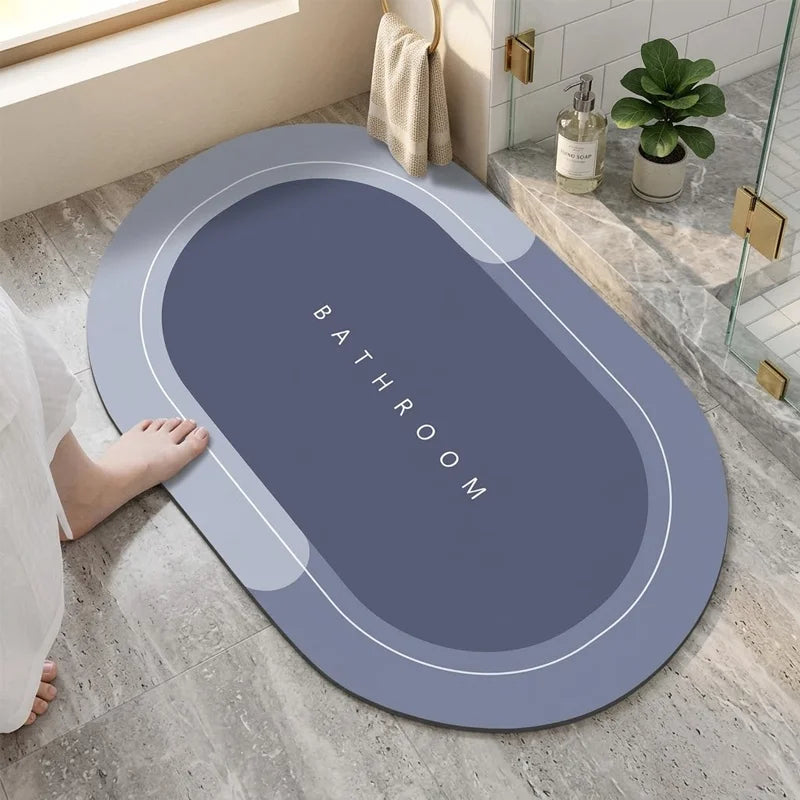 tapis bain antidérapant absorbant rapide bleu gris motif pieds moderne