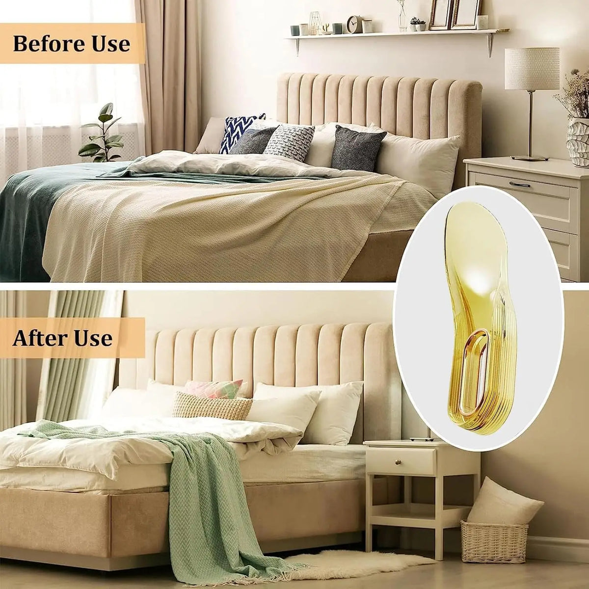 outil rehausseur lit moderne semi transparent jaune lignes horizontales facilite changement draps chambre coucher