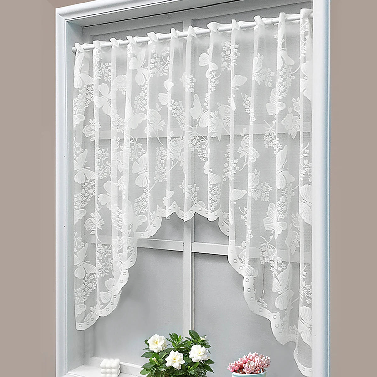 rideau blanc brodé fleurs papillons transparent simple polyester cuisine fenêtre 110cm 160cm