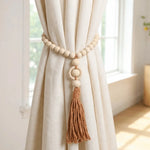 boucles rideau bois pompons boho chic beige rose gris blanc