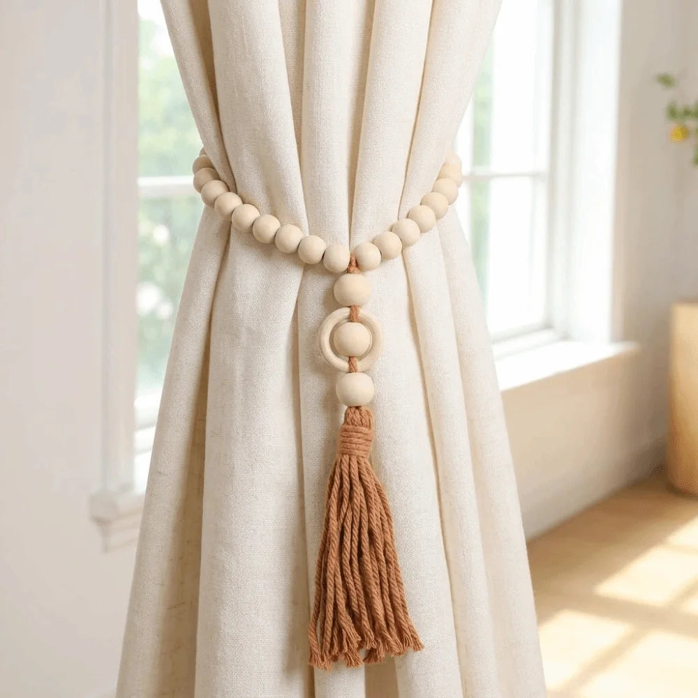 boucles rideau bois pompons boho chic beige rose gris blanc