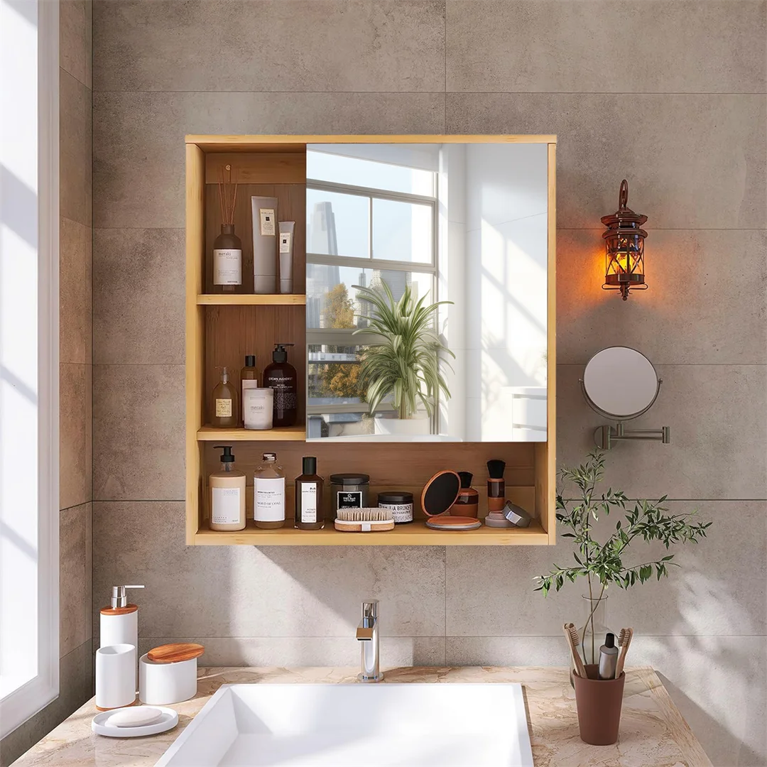 meuble salle bain miroir moderne bois naturel étagères ajustables cosmétiques rangement fixations murales