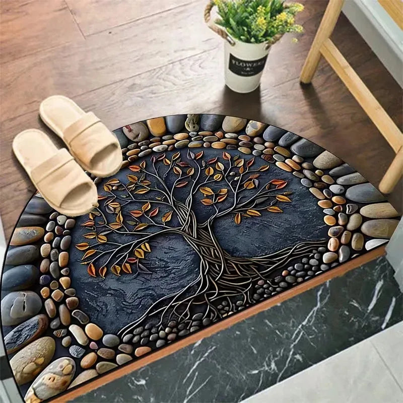 tapis d'entrée arbre stylisé vert doré noir moderne résistant décoration intérieure extérieur
