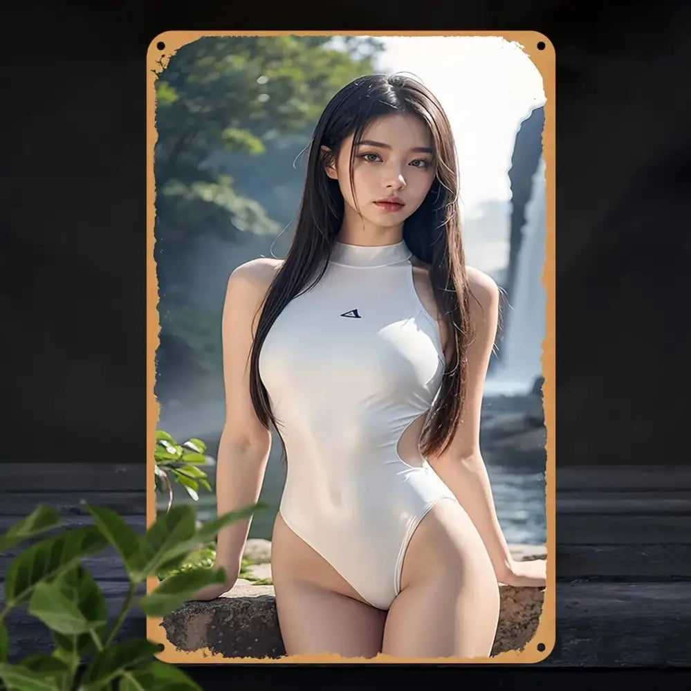 plaque decorative moderne femme asiatique maillot bain blanc adhésif texture metallique 20x30cm