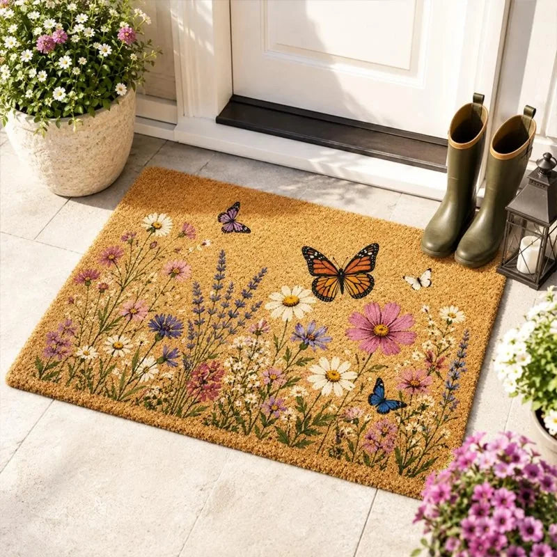 tapis porte floral résistant antibactérien 30x50cm 40x60cm marron clair beige fleurs colorées classique