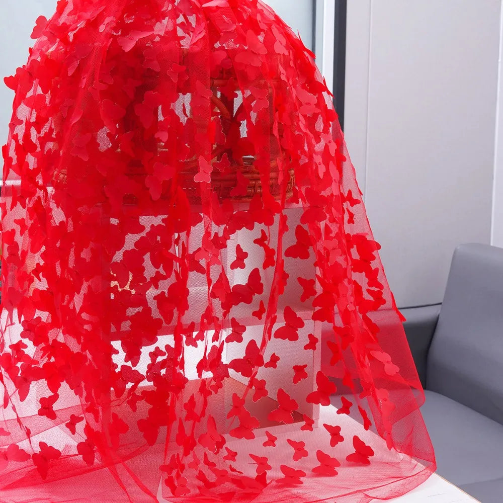 tissu brodé 3D papillons arc ciel noir rose bleu translucide couture décoration mariage