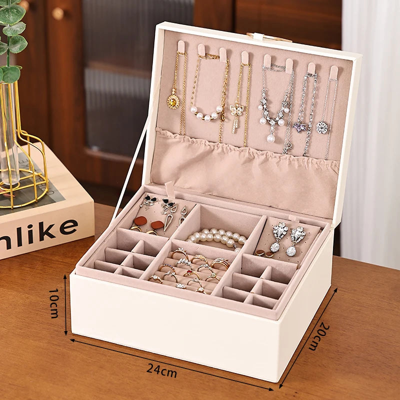 boîte bijoux cuir pu blanc moderne miroir compartiments poignées dorées portable