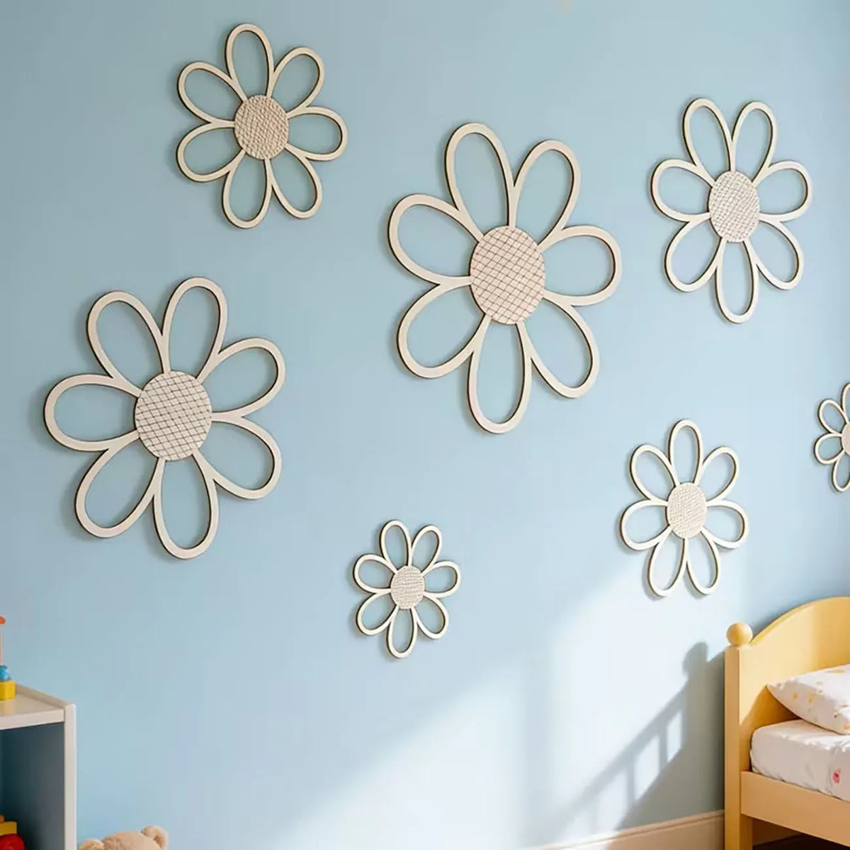 décoration murale fleurs texturées bois couleurs enfant adhésif double face ensemble fleurs différentes tailles