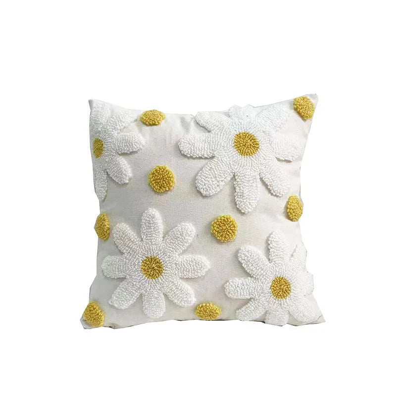 coussin tufté brodé fleur nordique moderne 100 polyester blanc vert marron jaune adhésif décoration