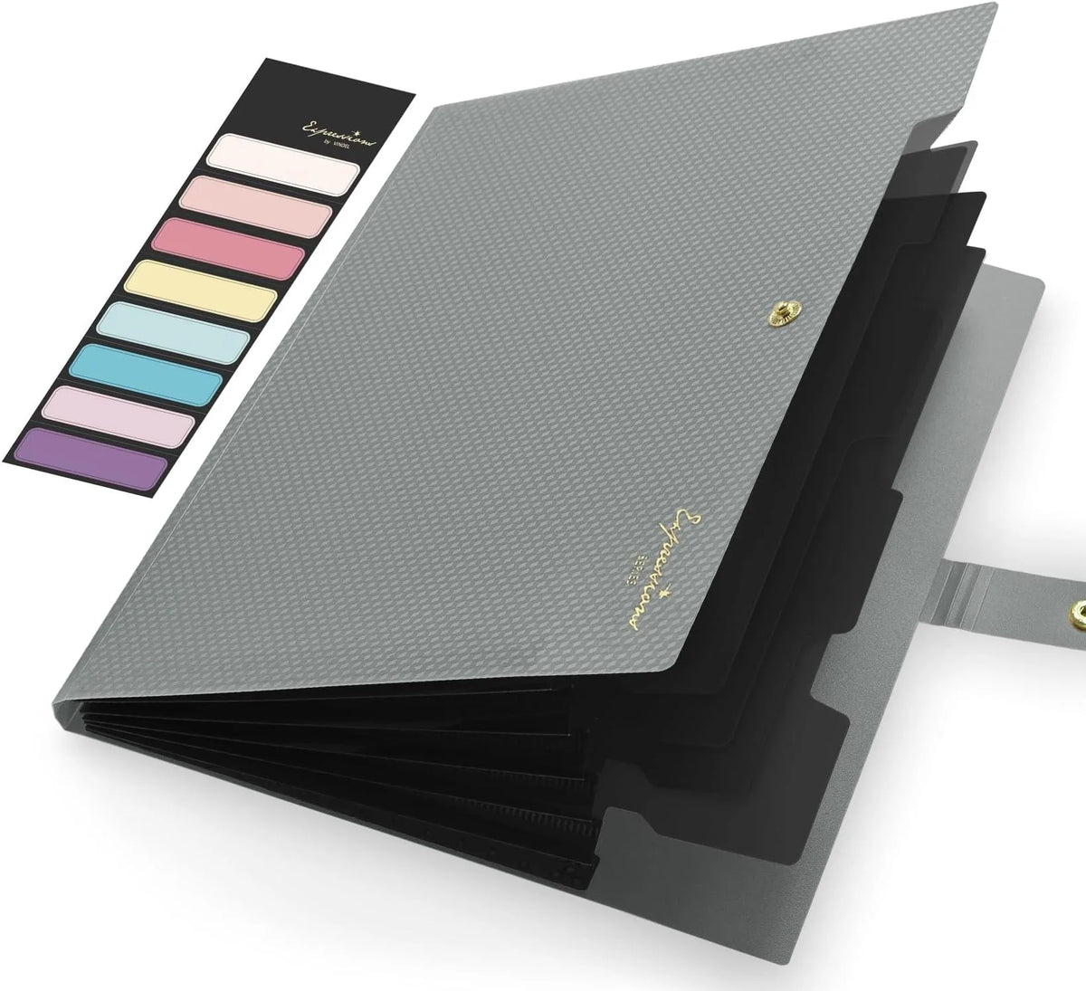 classeur compartiments gris bleu clair pochettes onglets texture micro perforée moderne fonctionnel snap closure