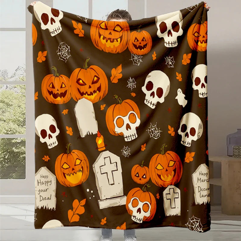 Une image de motifs d'Halloween colorés, comprenant des citrouilles sculptées, des crânes et des pierres tombales sur un fond sombre, créant une ambiance festive et effrayante pour la saison.