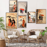 Des illustrations japonnaises avec des femmes en kimonos colorés marchant sous les fleurs de cerisier.