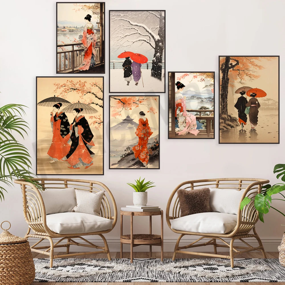 Des illustrations japonnaises avec des femmes en kimonos colorés marchant sous les fleurs de cerisier.