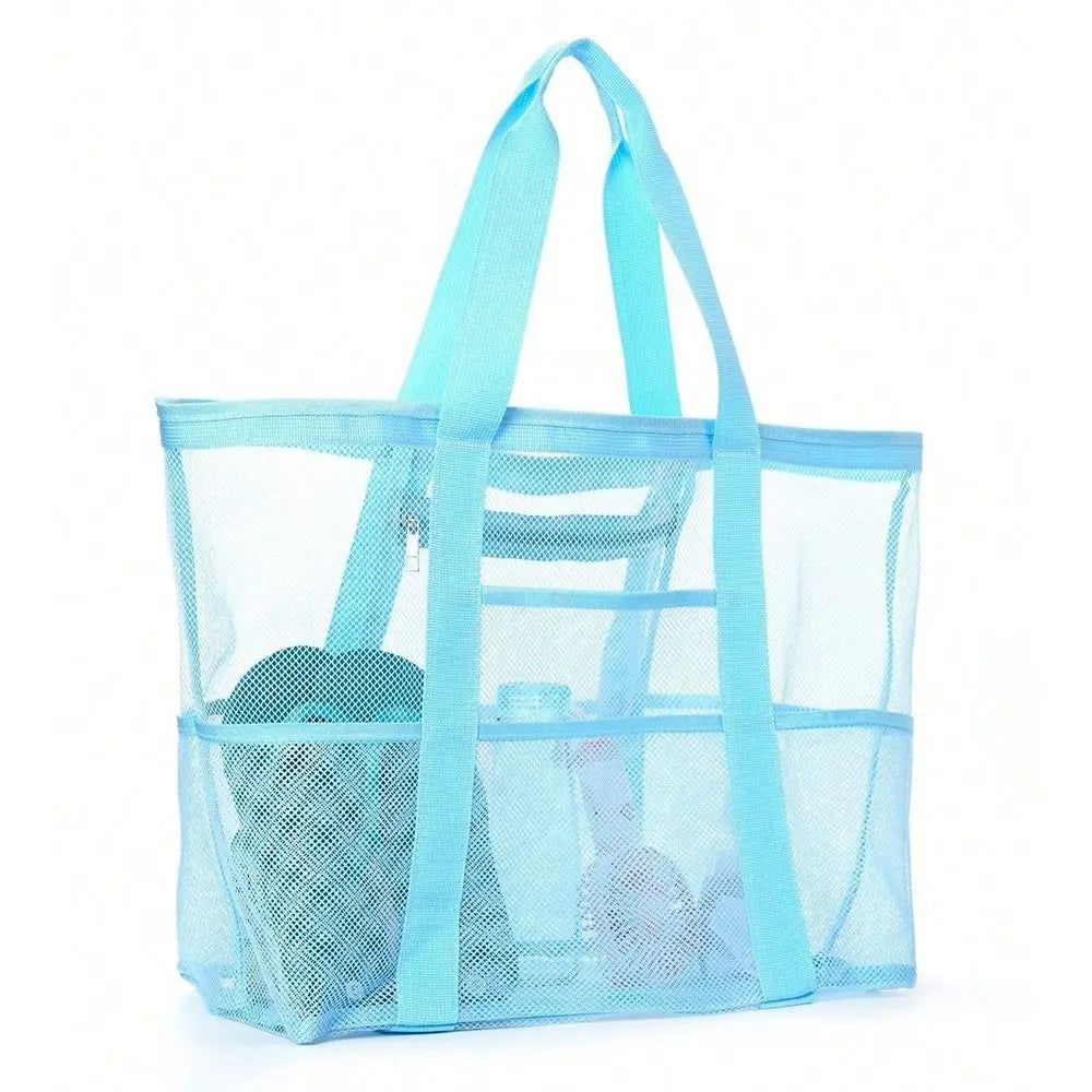 Sac plage violet noir bleu clair vert rose maille respirante réutilisable moderne poignées