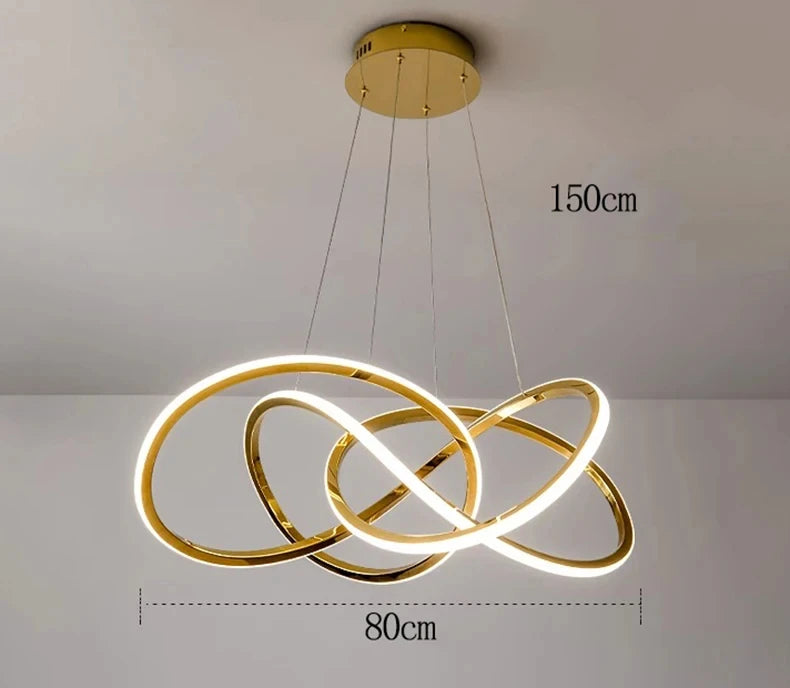 Suspension lumineuse moderne or blanc cercles entrelacés télécommande tricolore lumière led