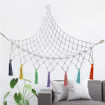 filet suspendu rose blanc maille régulière franges anneaux métalliques réutilisable créatif artisanal