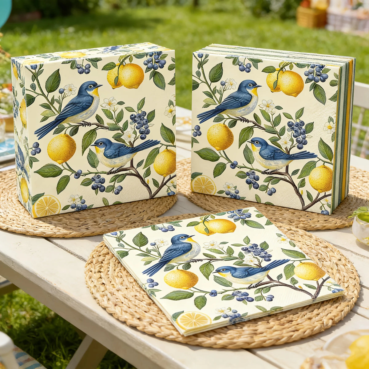 serviettes papier motif oiseaux citrons fleurs bleu jaune vert blanc 20 40 60 pièces