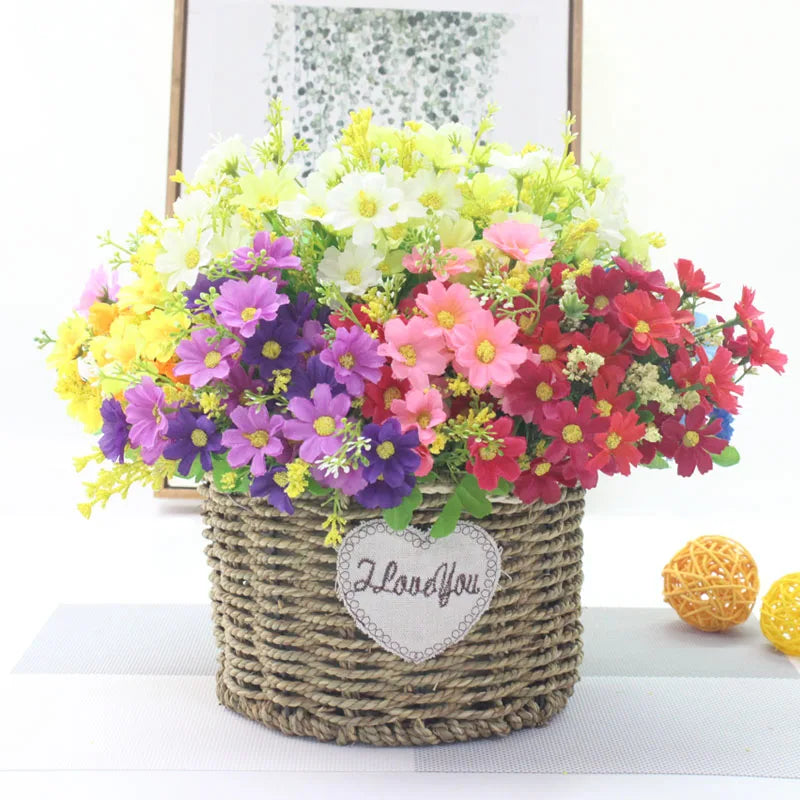 bouquet artificiel violet blanc jaune rouge bleu fleurs soie feuilles vertes moderne décoration maison