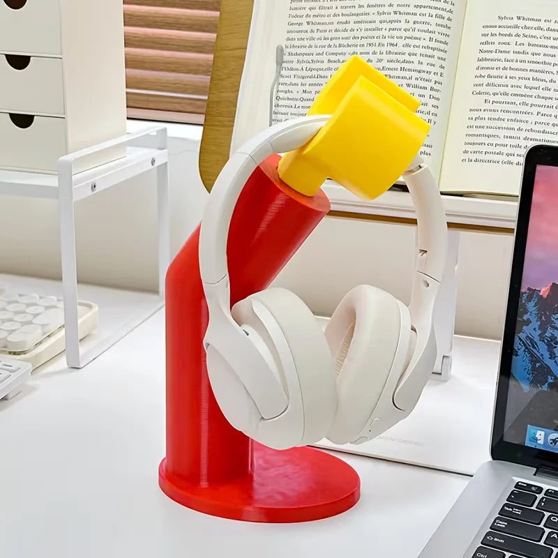 support casque audio porte livres moderne rouge jaune blanc minimaliste