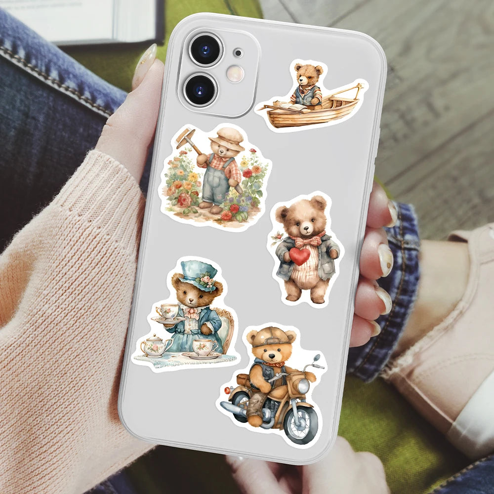 sticker illustratif teddy bear multicolore scène pêche jardinage voyage adhésif waterproof moderne scrapbooking journal