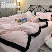 Housse de couette rose 3 pièces avec dentelle brodée - Ensemble de lit élégant et doux