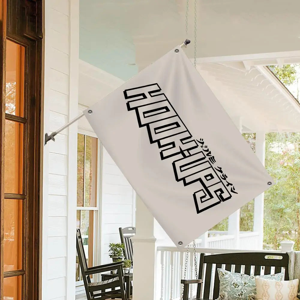 drapeau decoratif hookeups blanc noir rouge vert urbain streetwear lettres stylisees texturé opaque echangableintérieurextérieur