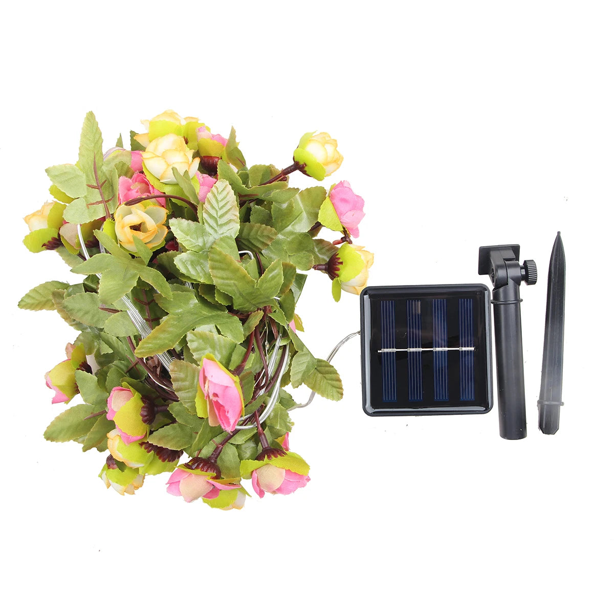 guirlande lumineuse solaire fleurs roses vertes feuilles modernes extérieures adhésives led autonomes