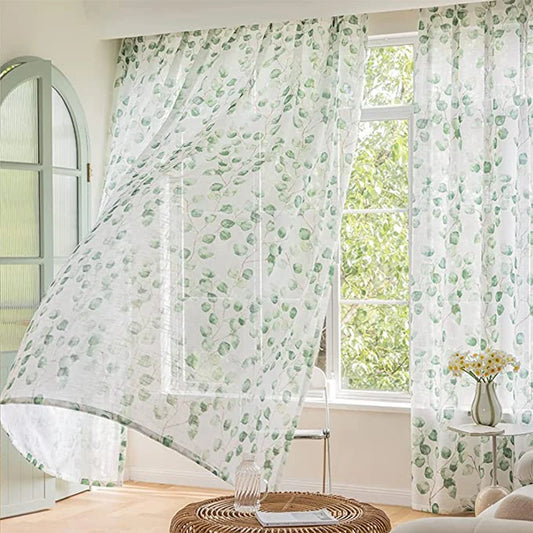 Voilage blanc imprimé feuillage vert