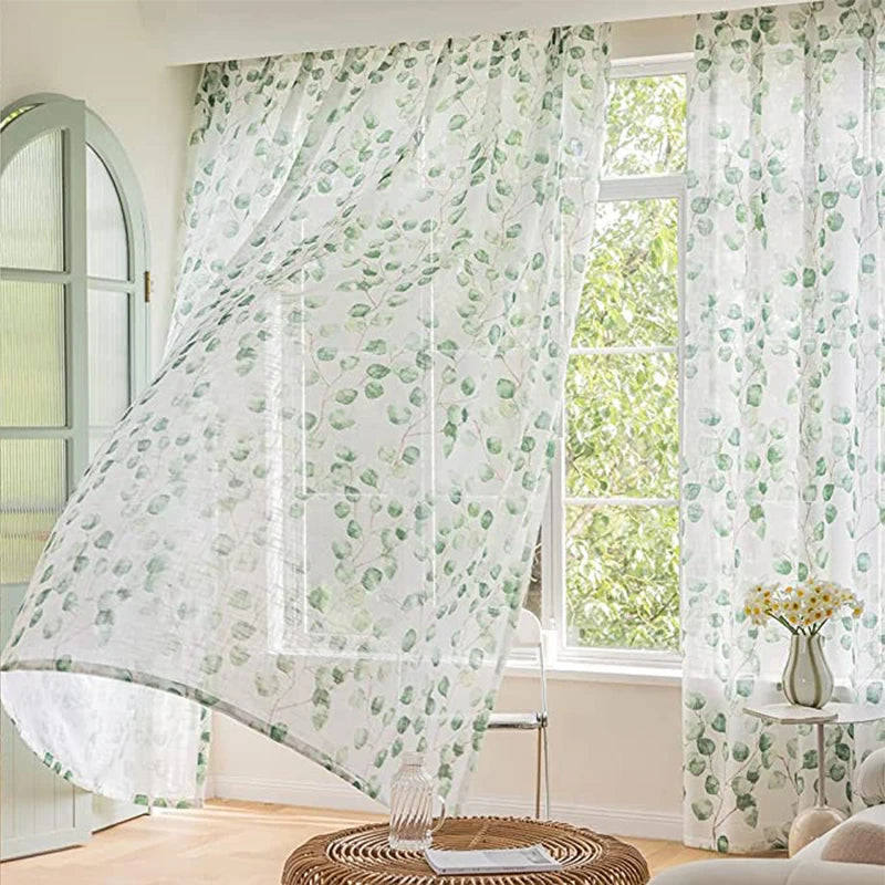 rideau moderne feuilles vertes transparent 100x130cm blanc vert inclusion tringle pastorale naturelle maison
