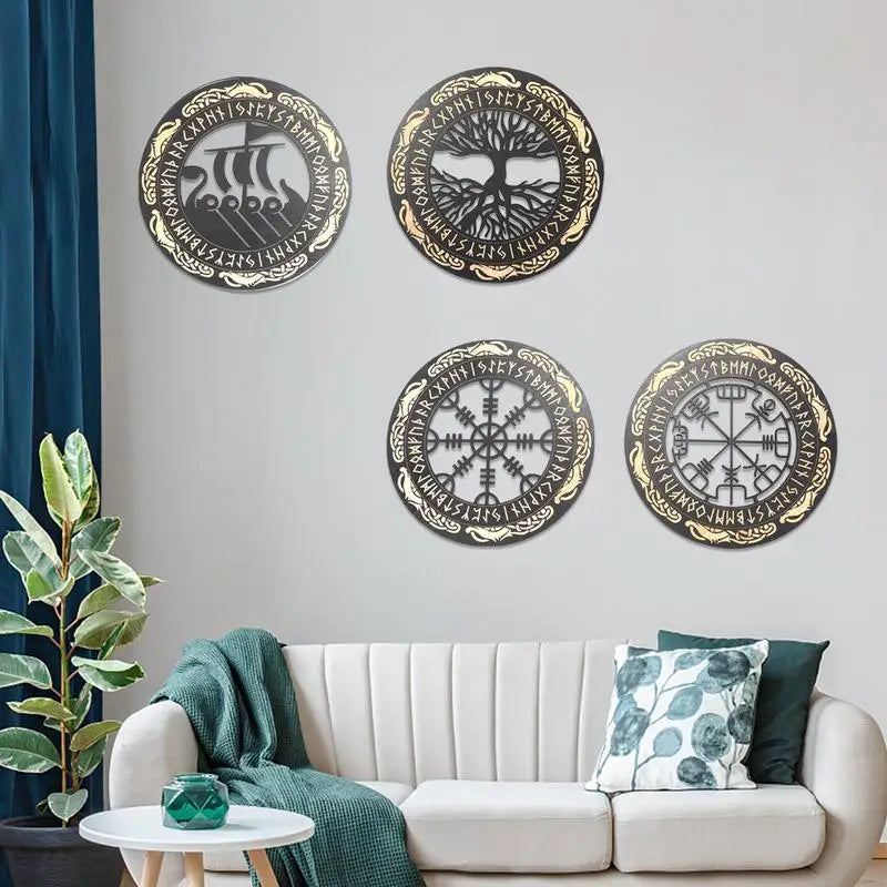 Ensemble de 4 décorations murales bois motifs runes