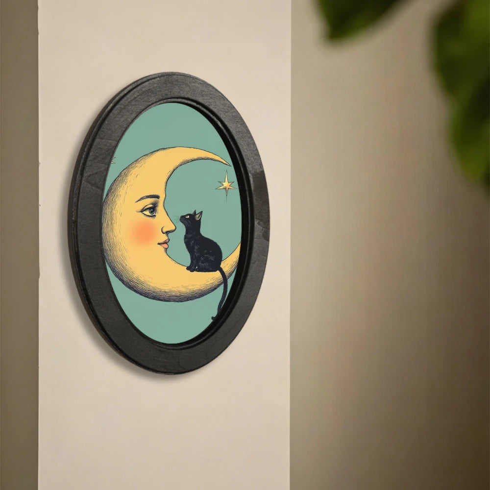 cadre mural bois dessin animé personnages coeurs oeil chat lune étoiles vintage romantique fantastique