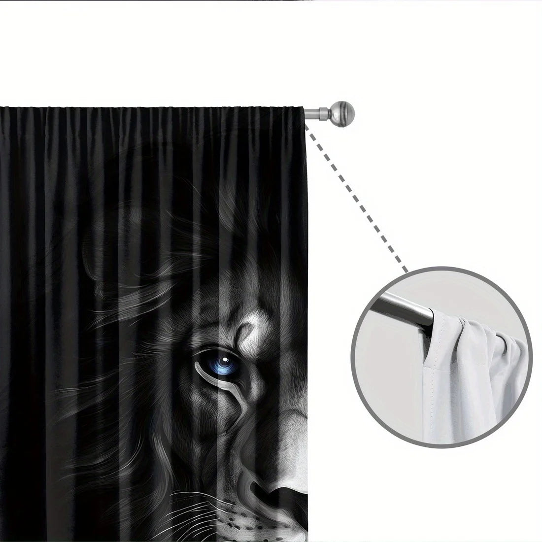 rideau lion noir gris motif géométrique moderne anneaux métalliques polyester chambre salon